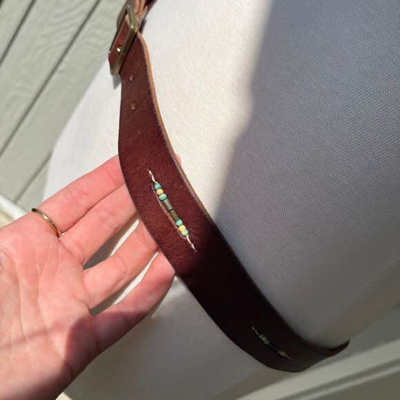 VTG Leather Beaded Belt Southwestern Boho Festival Rustic Western L 42” main image 5